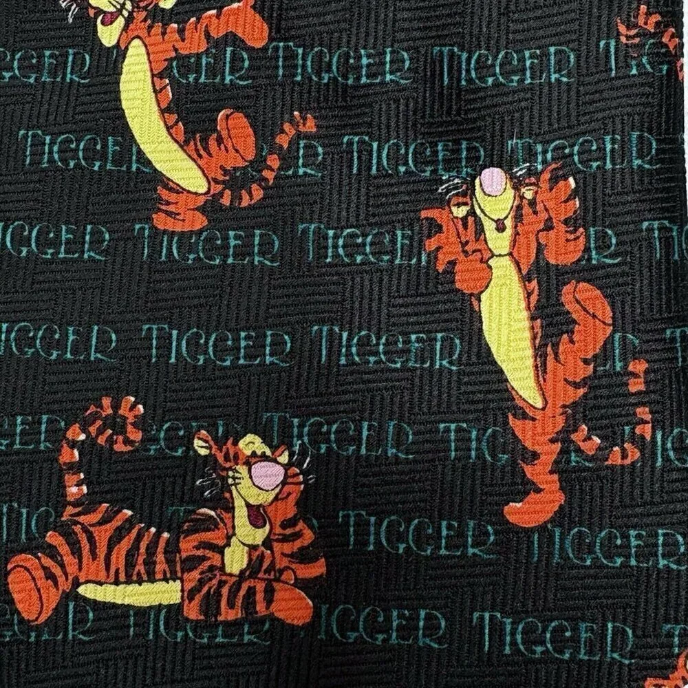 Pooh Disney Tigger VTG 90s Necktie Black Multicolor Tigger Name Repeated Pattern
